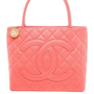 CHANEL Coral Quilted CC Tote with Gold Charm